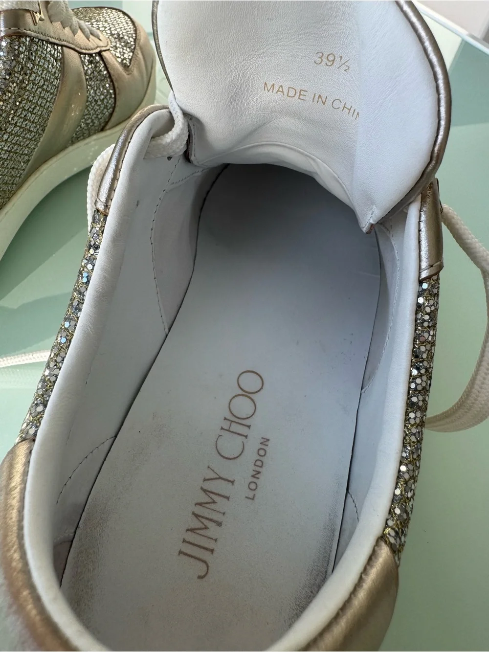 Jimmy Choo Metallic Gold and White Low-Top Sneakers